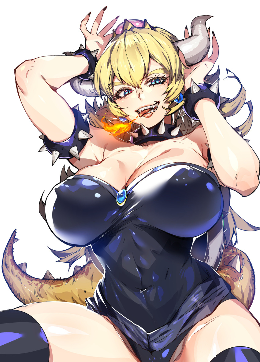 1girl absurdres armlet bare_shoulders black_legwear blonde_hair blue_eyes bowser bowsette bracelet breasts cleavage collar covered_nipples crown genderswap genderswap_(mtf) highres horns huge_breasts jewelry leotard long_hair looking_at_viewer super_mario_bros. new_super_mario_bros._u_deluxe nintendo ponytail shiny shiny_hair shiny_skin solo spiked_bracelet spikes spread_legs super_crown takaraizu teeth tongue tongue_out turtle_shell