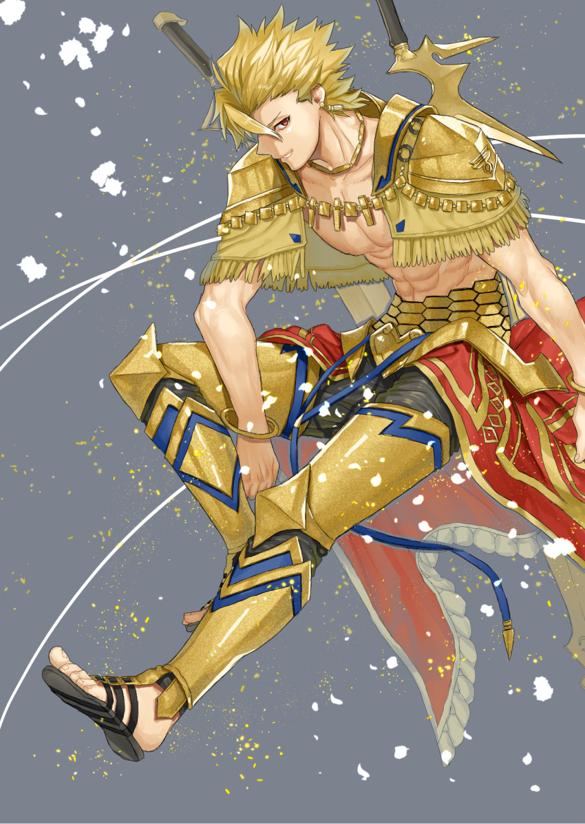 1boy archer_(fate/prototype) armor bare_chest black_pants blonde_hair bracelet earrings fate/prototype fate_(series) fringe full_body gold_armor grey_background highres jewelry kmk looking_at_viewer male_focus necklace pants profile red_eyes sandals smile solo spiky_hair