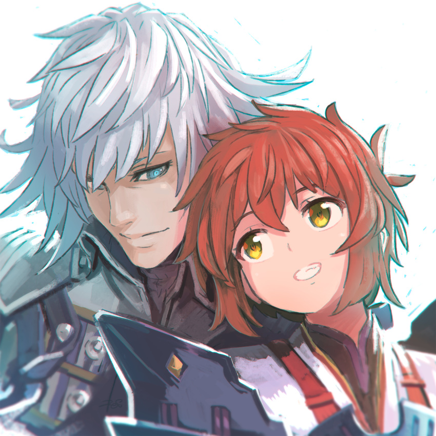 1boy 1girl armor blue_background blue_eyes blush commentary_request gloves highres long_hair looking_at_viewer lora_(xenoblade_2) nintendo parted_lips pauldrons redhead reiesu_(reis) shin_(xenoblade) short_hair simple_background smile white_hair xenoblade_(series) xenoblade_2 xenoblade_2:_ogon_no_kuri_ira yellow_eyes