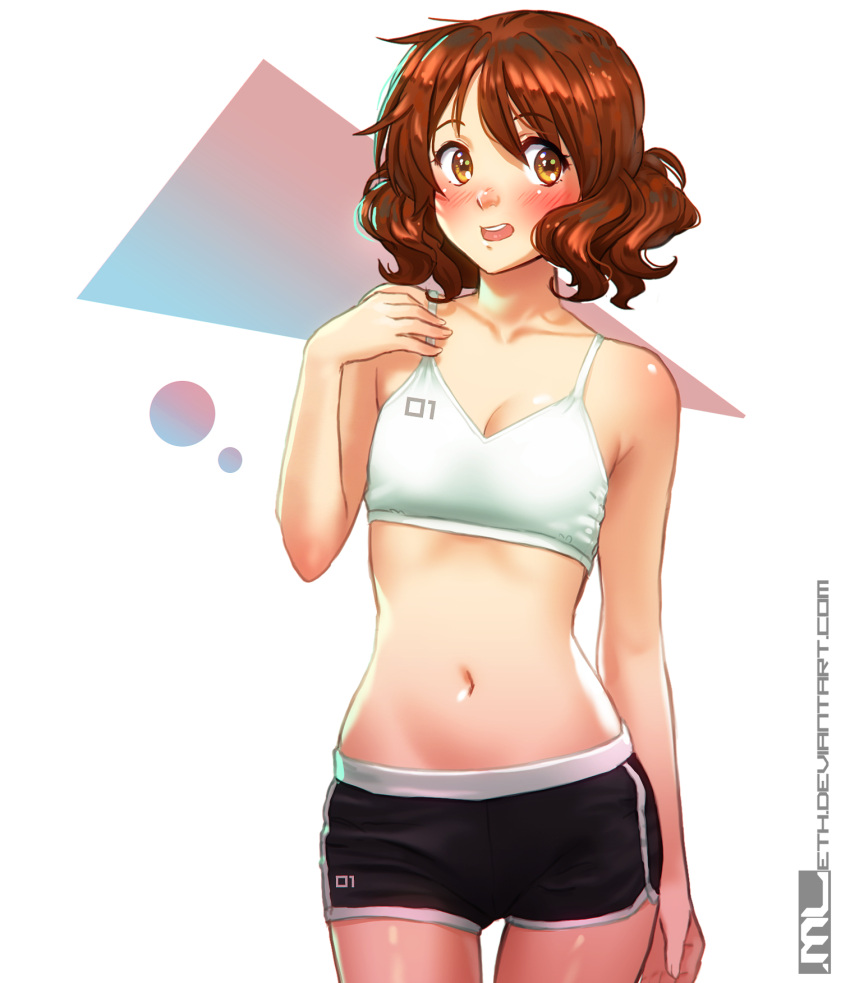 1girl blush breasts brown_eyes brown_hair cleavage collarbone commentary english_commentary hibike!_euphonium highres mathias_leth navel oumae_kumiko petite shoal shorts small_breasts solo sports_bra standing stomach watermark wavy_hair web_address white_background