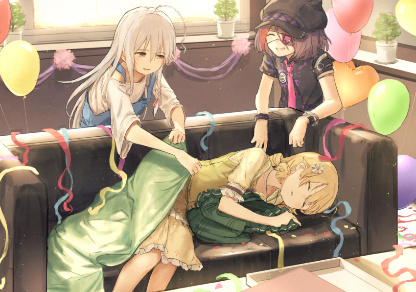3girls ahoge balloon bionekojita blanket bracelet braid cabbie_hat closed_eyes commentary_request confetti couch decorations dress drill_hair eyepatch floral_print frilled_dress frills grey_eyes grey_hair grin hair_ornament hat hayasaka_mirei heart_balloon hoshi_shouko idolmaster idolmaster_cinderella_girls idolmaster_cinderella_girls_starlight_stage individuals jewelry light_brown_hair long_hair lying morikubo_nono multicolored_hair multiple_girls necklace necktie on_side overalls plant potted_plant purple_hair ringlets shirt short_hair short_sleeves side_braid single_braid sleeping smile streaked_hair streamers t-shirt two-tone_hair
