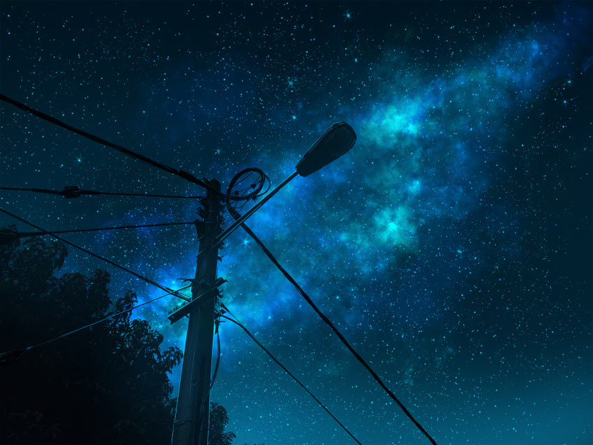blue_sky commentary english_commentary highres making_of mclelun milky_way night night_sky no_humans original outdoors photoshop_(medium) power_lines scenery sky star_(sky) starry_sky telephone_pole tree