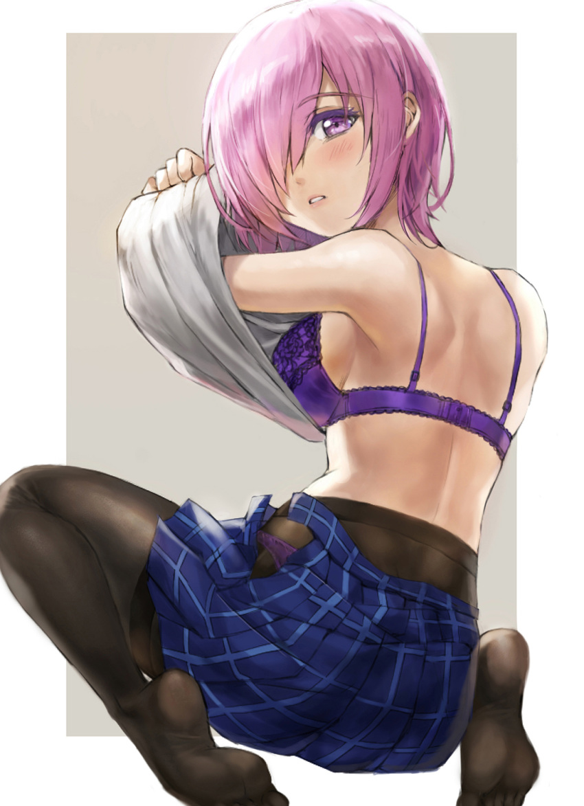 1girl armpits arms_up ass back bare_shoulders blue_skirt border bra breasts colored_eyelashes commentary english_commentary eyebrows_visible_through_hair fate/grand_order fate_(series) from_behind grey_background grey_shirt hair_over_one_eye highres lavender_hair looking_at_viewer looking_back mash_kyrielight medium_breasts no_shoes open_clothes open_skirt outside_border panties panties_under_pantyhose pantyhose parted_lips pink_lips plaid plaid_skirt pleated_skirt purple_bra purple_panties shirt short_hair shoulder_blades sideboob simple_background sitting skirt soles solo thighband_pantyhose tonee underwear undressing violet_eyes wariza white_border