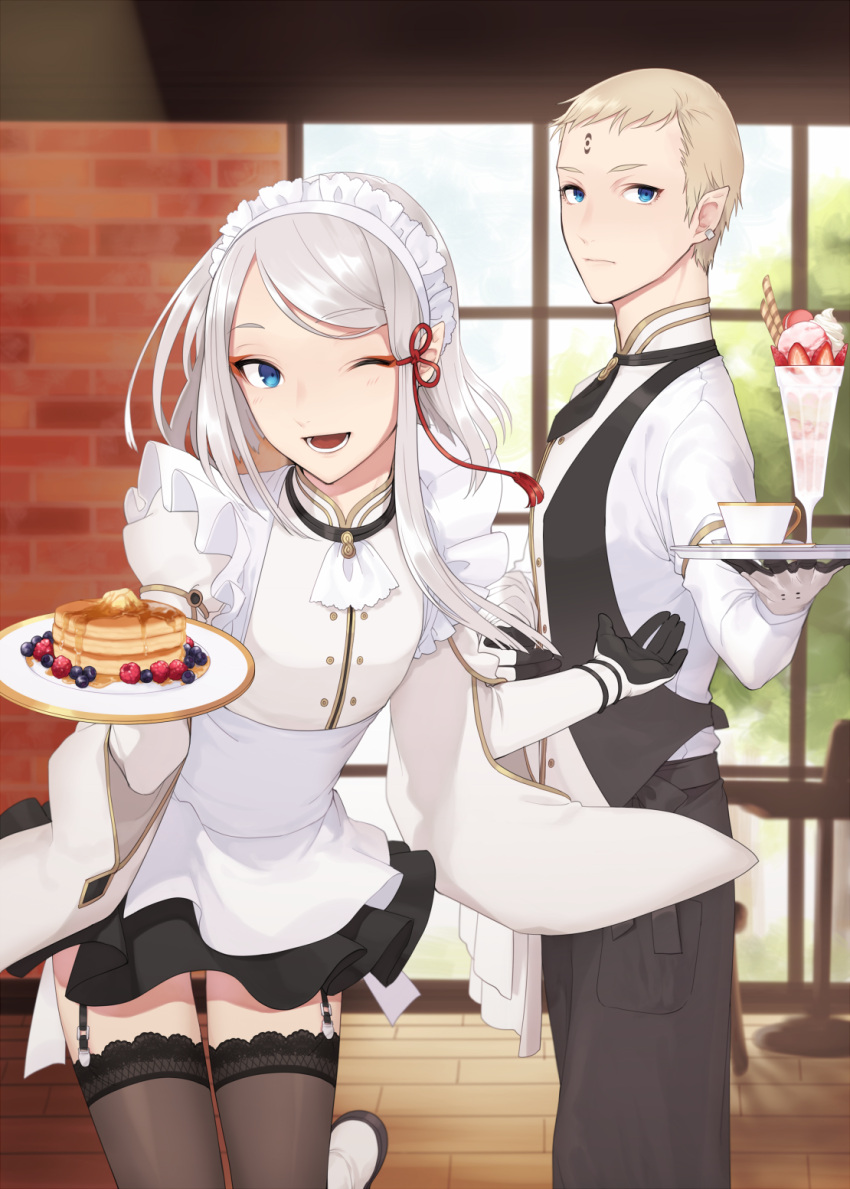 2boys alternate_costume apron asymmetrical_hair black_legwear black_skirt blue_eyes blueberry crossdressinging dio_eraclea enmaided food frills fruit garter_straps highres last_exile last_exile:_gin'yoku_no_fam looking_at_viewer lucciola maid maid_apron maid_headdress male_focus meimone multiple_boys one_eye_closed pancake pointy_ears puffy_sleeves raspberry skirt smile strawberry thigh-highs trap tray waist_apron white_hair