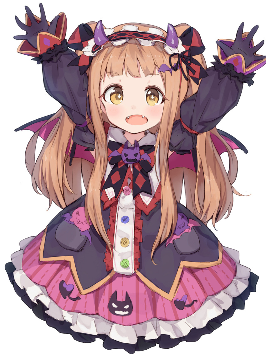 +_+ 1girl :d arms_up bat_hair_ornament bat_wings black_gloves buttons cropped_legs detached_sleeves dress fake_horns fangs frilled_dress frills gloves hair_ornament hairclip headdress highres horns ichihara_nina idolmaster idolmaster_cinderella_girls light_brown_hair long_hair looking_at_viewer open_mouth puffy_detached_sleeves puffy_sleeves shone simple_background smile solo twintails white_background wings yellow_eyes