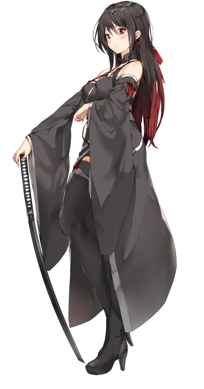 1girl bangs bare_shoulders black_footwear black_hair black_kimono blush boots breasts closed_mouth commentary_request detached_sleeves eyebrows_visible_through_hair from_side full_body gradient_hair hair_ribbon high_heel_boots high_heels highres holding holding_sword holding_weapon japanese_clothes katana kimono long_hair looking_at_viewer looking_to_the_side medium_breasts multicolored_hair neck_ribbon original pixel_(yuxian) red_eyes red_neckwear red_ribbon redhead ribbon ribbon-trimmed_sleeves ribbon_trim sidelocks simple_background solo standing straight_hair strap_gap sword thigh-highs thigh_boots v-shaped_eyebrows very_long_hair weapon white_background wide_sleeves