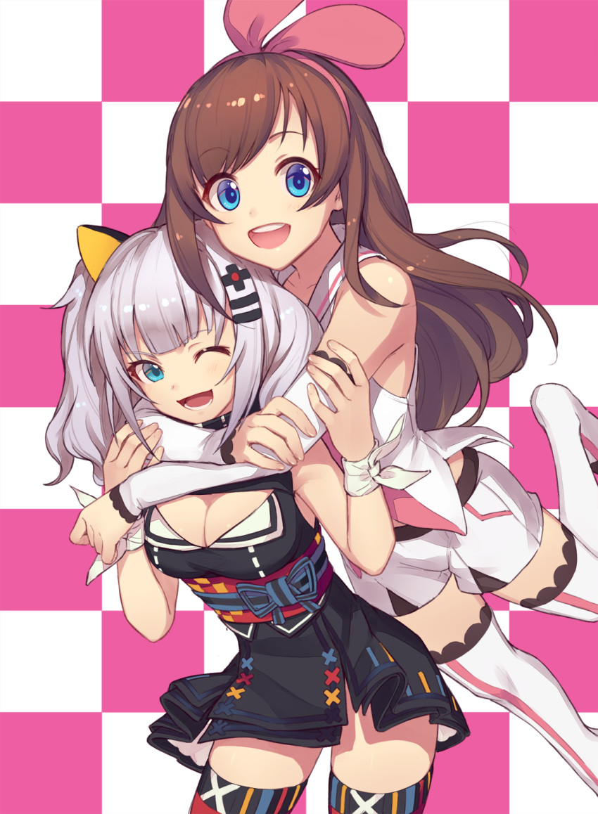 2girls :d ;d a.i._channel bangs black_dress blue_eyes blush boots breasts brown_hair checkered checkered_background collarbone detached_sleeves dress eyebrows_visible_through_hair hair_ornament hair_ribbon hairclip highres hug hug_from_behind kaguya_luna kaguya_luna_(character) kizuna_ai kotoribako large_breasts leaning_forward long_hair long_sleeves looking_at_viewer multiple_girls obi one_eye_closed open_mouth pink_ribbon ribbon sash silver_hair smile swept_bangs thigh-highs thigh_boots twintails white_footwear