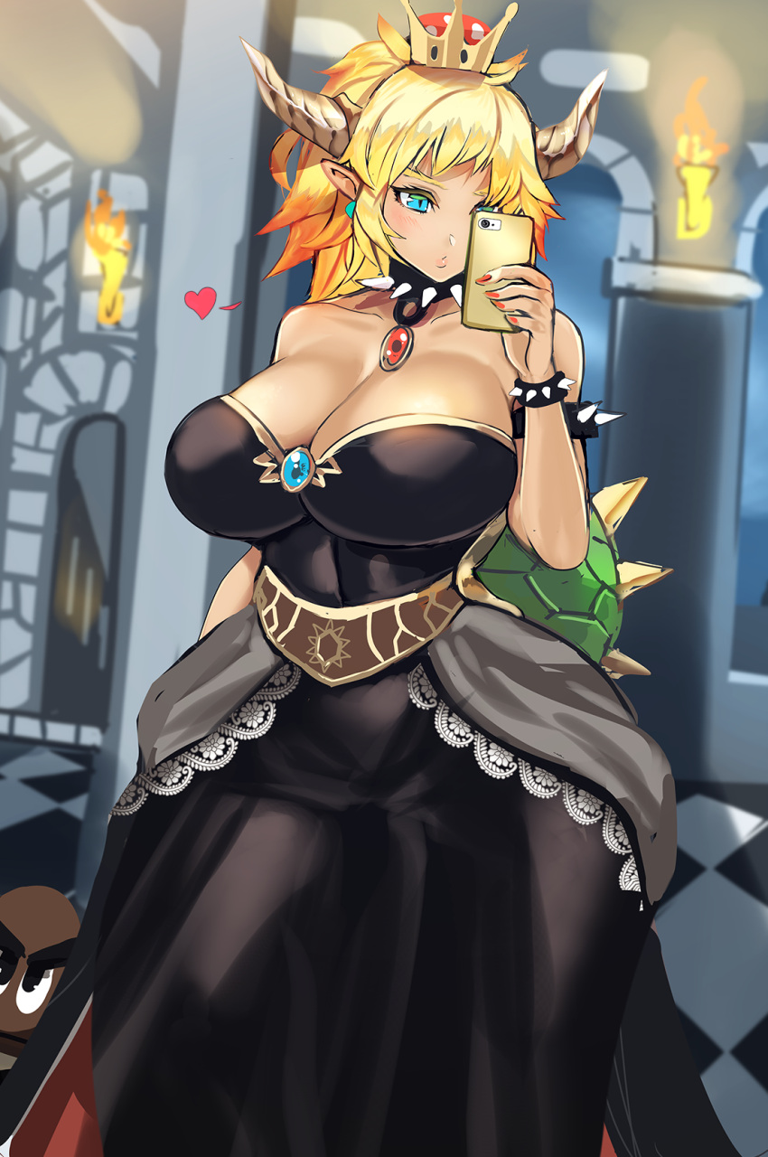 1girl armlet bare_shoulders black_dress blonde_hair blue_eyes bowsette bracelet breasts cellphone cleavage collar commentary_request crown dress goomba heart highres horns huge_breasts jewelry super_mario_bros. nail_polish new_super_mario_bros._u_deluxe nintendo phone self_shot senria smartphone solo spiked_bracelet spiked_collar spikes super_crown