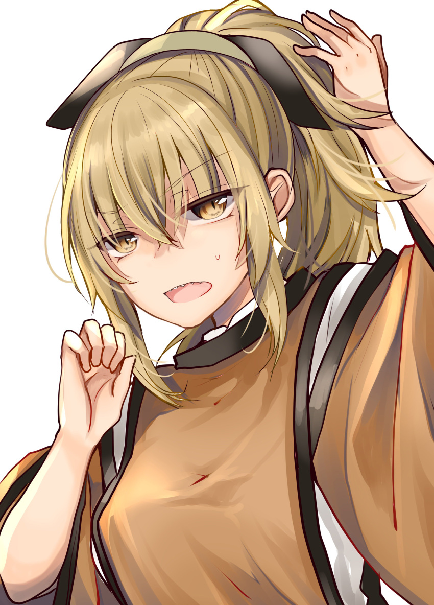 1girl absurdres arm_up bangs black_ribbon blonde_hair breasts commentary_request detached_sleeves eyebrows_visible_through_hair hair_between_eyes hair_ribbon hand_up highres long_sleeves matara_okina medium_breasts mimoto_(aszxdfcv) no_hat no_headwear open_mouth ponytail ribbon sharp_teeth shirt sidelocks simple_background solo sweat tabard teeth touhou upper_body v-shaped_eyebrows white_background white_shirt wide_sleeves yellow_eyes