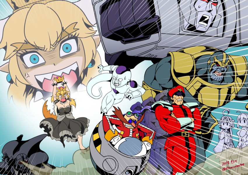 3girls 6+boys ahoge anger_vein artoria_pendragon_(all) black_dress blonde_hair blue_background bowsette braid brown_hair cape chasing commentary crossed_arms crossover darth_vader dr._eggman dragon_ball dress facial_hair fate/stay_night fate_(series) fleeing french_braid frieza hat helmet highres hovercraft jitome kamizono_(spookyhouse) kantai_collection kongou_(kantai_collection) long_hair super_mario_bros. marvel megatron multiple_boys multiple_crossover multiple_girls mustache new_super_mario_bros._u_deluxe nintendo no_pupils nontraditional_miko open_mouth peaked_cap pointy_ears projected_inset red_sclera robot saber sharp_teeth sonic_the_hedgehog star_wars street_fighter super_crown sweatdrop teeth thanos transformers vega watercraft