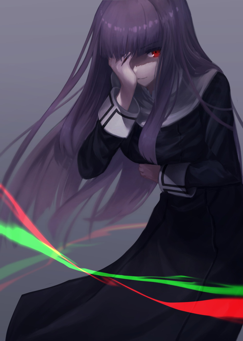 1girl absurdres asagami_fujino bangs breasts closed_mouth dress eyebrows_visible_through_hair hand_over_eye highres kara_no_kyoukai light_trail long_dress long_hair long_sleeves looking_at_viewer medium_breasts okakasushi purple_hair red_eyes school_uniform shiny shiny_hair simple_background solo