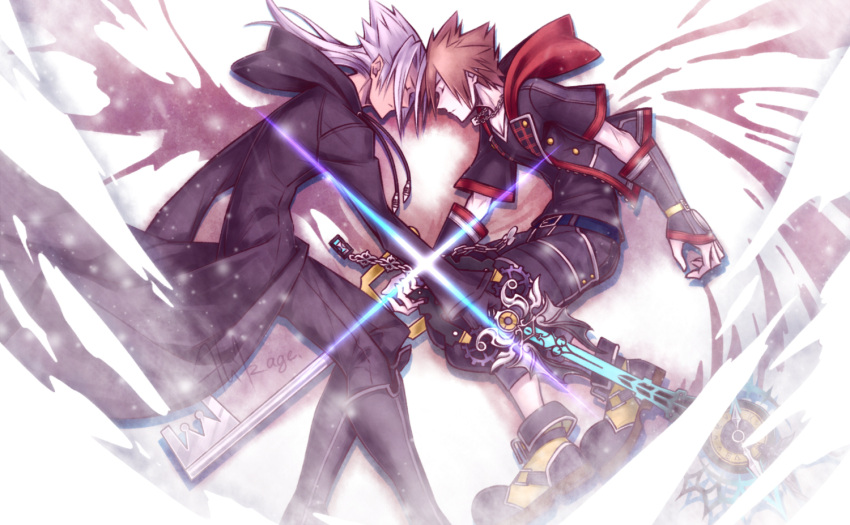 2boys banana_gyuunyuu black_coat black_coat_(kingdom_hearts) black_footwear boots brown_hair closed_eyes dark_skin fingerless_gloves gloves head_down hood hoodie jewelry keyblade kingdom_hearts kingdom_hearts_iii lens_flare multiple_boys necklace silver_hair sora_(kingdom_hearts) spiky_hair v-neck xehanort