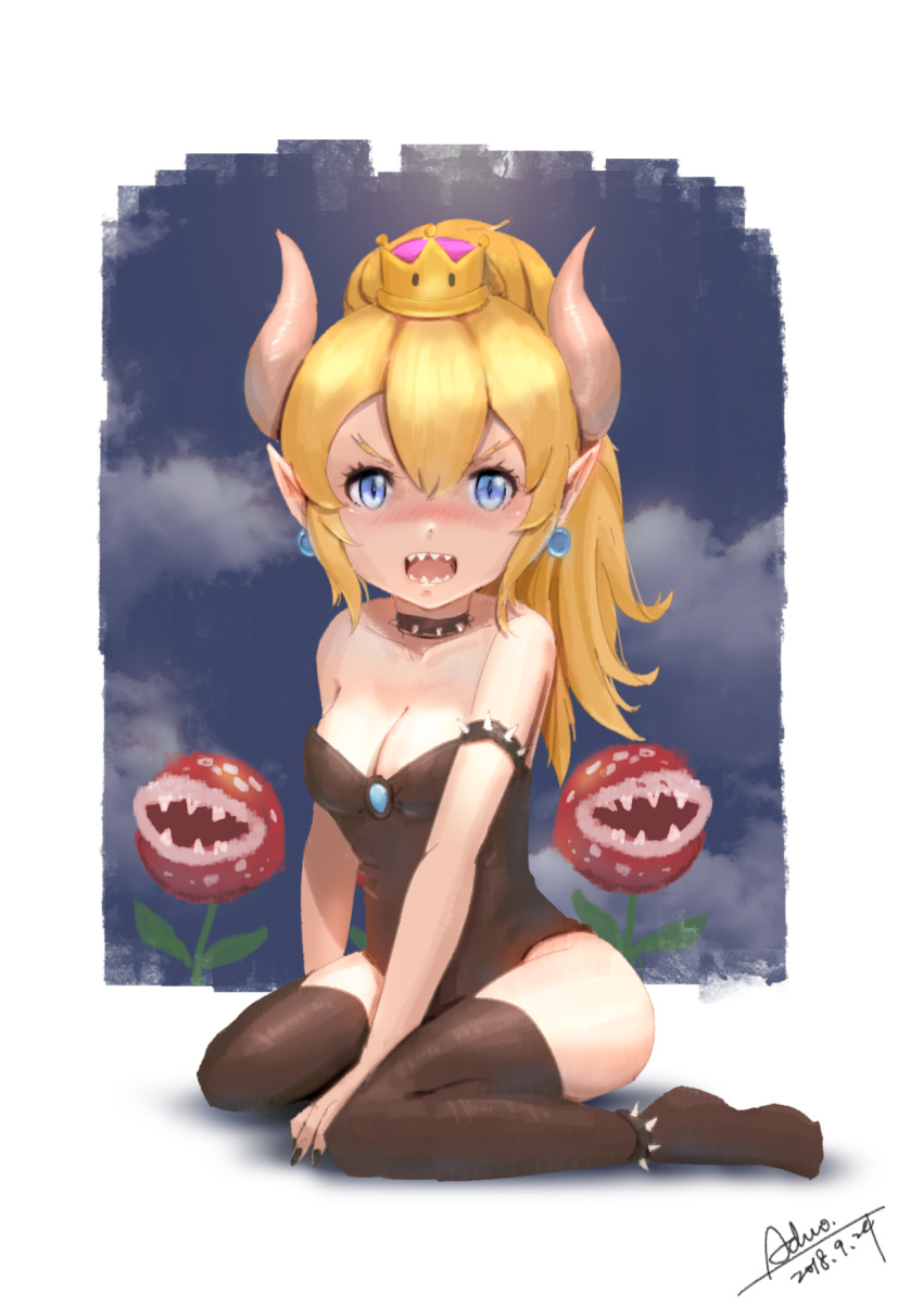 1girl aduo bare_shoulders black_legwear black_leotard blonde_hair blue_eyes blush bowsette breasts child cleavage clouds collar crown earrings embarrassed full_body genderswap genderswap_(mtf) highres horns jewelry kneeling leotard looking_at_viewer super_mario_bros. new_super_mario_bros._u_deluxe nintendo open_mouth piranha_plant pointy_ears ponytail sharp_teeth shoulder_spikes simple_background sky sleeveless small_breasts solo spiked_collar spikes strapless teeth thigh-highs white_background