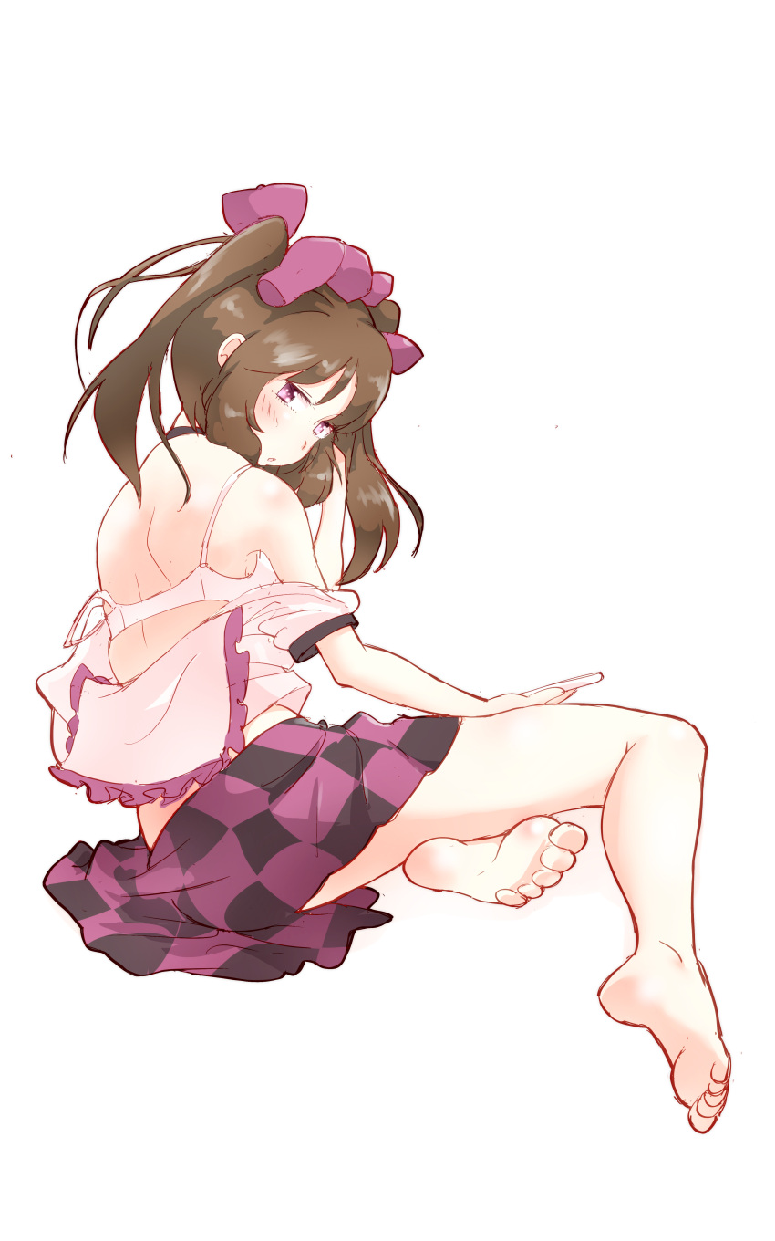 1girl absurdres bangs bare_legs bare_shoulders barefoot black_choker black_skirt blush bow bra brown_hair checkered checkered_skirt choker commentary_request feet frilled_shirt_collar frills from_behind full_body hair_bow hand_in_hair hand_up hat highres himekaidou_hatate long_hair looking_at_viewer looking_back midriff_peek miniskirt non_(z-art) off_shoulder parted_lips purple_bow purple_skirt shirt simple_background sitting skirt solo strap_slip thighs tokin_hat touhou twintails underwear violet_eyes white_background white_bra white_shirt