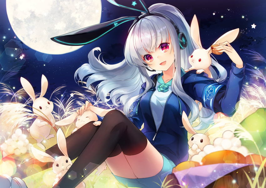 1girl :d animal aqua_rose aqua_skirt armband bangs black_legwear blurry bunny_headphones dango depth_of_field flower food full_moon grass hand_up head_tilt headphones headset highres holding holding_food hood hood_down hoodie knees_up krt_girls long_hair long_sleeves looking_at_viewer moon nana_(krt_girls) night night_sky open_mouth outdoors pencil_skirt petting pink_eyes ponytail rabbit rose shinia sidelocks silver_hair sitting skirt sky smile solo sparkle star star_(sky) starry_sky susuki_grass thigh-highs tsukimi_dango unzipped wagashi