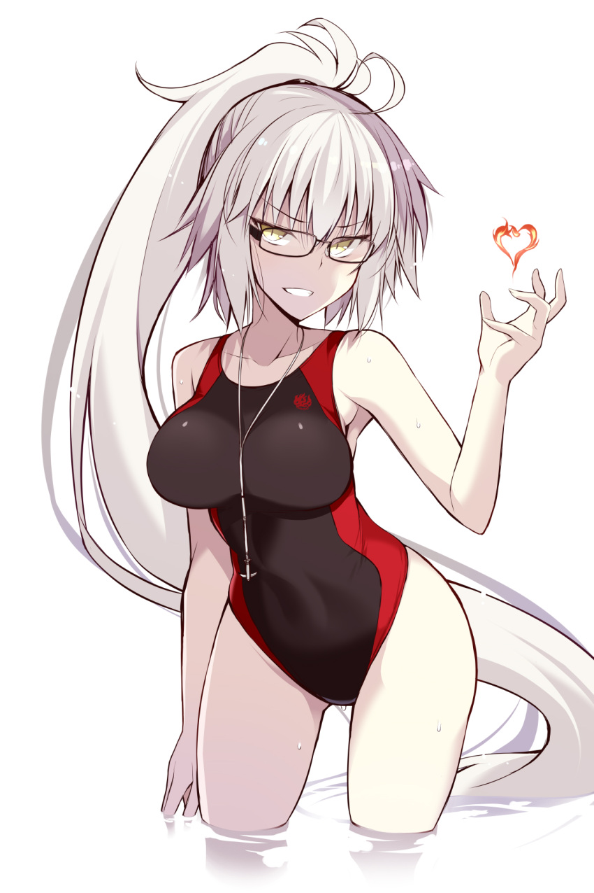 1girl ahoge alternate_color arm_at_side armpits bangs bare_shoulders black-framed_eyewear black_swimsuit breasts collarbone competition_swimsuit cosplay cowboy_shot eyebrows_visible_through_hair fate/grand_order fate_(series) fire flame glasses grey_hair grin hair_between_eyes hand_up heart high_ponytail highres hips jeanne_d'arc_(alter)_(fate) jeanne_d'arc_(fate)_(all) jeanne_d'arc_(swimsuit_archer) jeanne_d'arc_(swimsuit_archer)_(cosplay) jewelry leaning_forward long_hair long_ponytail looking_at_viewer medium_breasts multicolored multicolored_clothes multicolored_swimsuit necklace one-piece_swimsuit oota_yuuichi ponytail rectangular_eyewear red_swimsuit sidelocks silver_hair simple_background slit_pupils smile solo standing straight_hair swimsuit teeth thighs tsurime very_long_hair wading water wet whistle whistle_around_neck white_background yellow_eyes