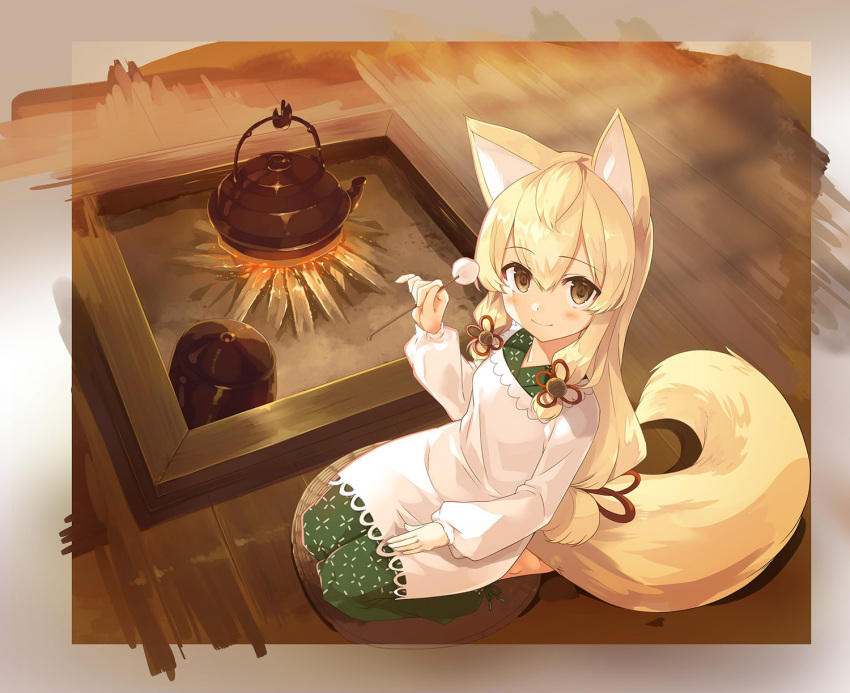 1girl animal_ears apron bangs blonde_hair blush brown_eyes closed_mouth copyright_request cura eyebrows_visible_through_hair fire fox_ears fox_girl fox_tail green_kimono hair_between_eyes hair_ribbon highres holding japanese_clothes kappougi kettle kimono lap_pillow_invitation long_hair looking_at_viewer low-tied_long_hair mimikaki red_ribbon ribbon seiza sitting smile solo tail very_long_hair white_apron