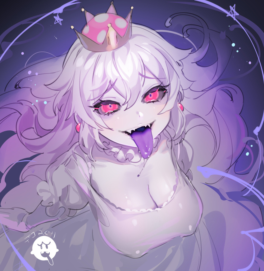 1girl :p absurdres bangs black_sclera breasts cleavage covered_nipples crown dress eyebrows_visible_through_hair fangs genderswap genderswap_(mtf) hair_between_eyes highres humanization king_boo large_breasts long_dress long_hair looking_at_viewer super_mario_bros. nintendo ohisashiburi pale_skin red_eyes signature silver_hair sketch smile solo spit super_crown super_mario_bros. tongue tongue_out white_dress