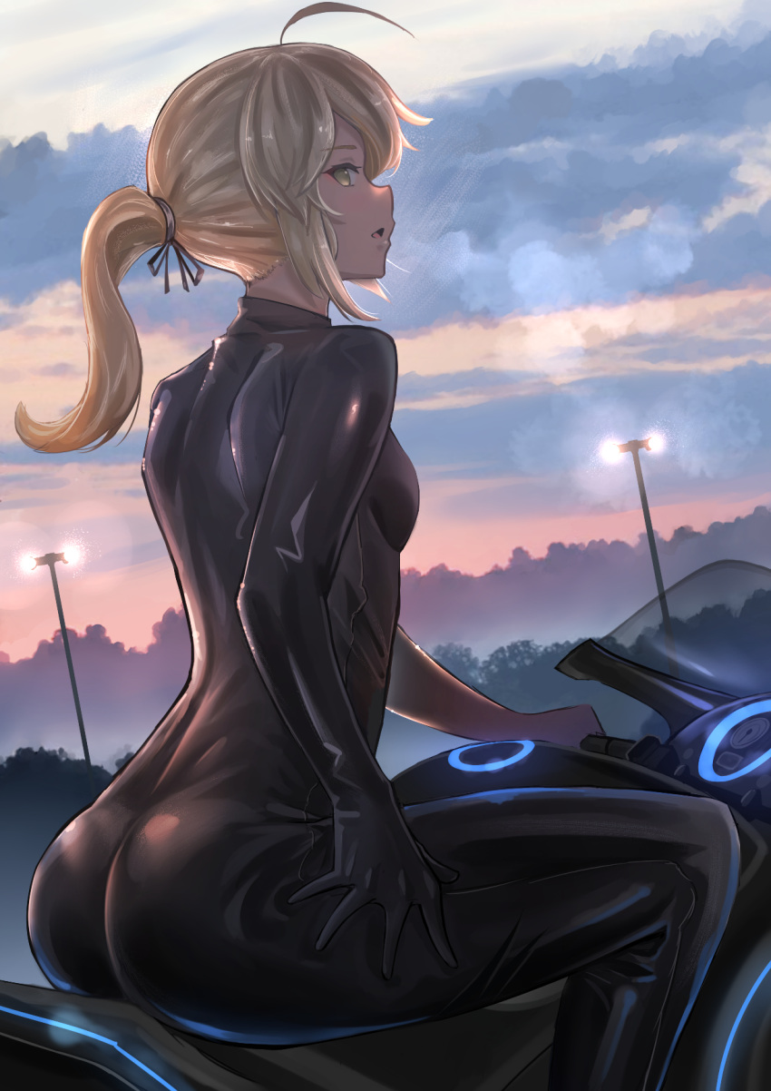 1girl ahoge alternate_costume arm_at_side artoria_pendragon_(all) ass bangs black_bodysuit black_ribbon bodysuit breasts character_request clouds cloudy_sky curvy dawn fate_(series) from_behind ground_vehicle hair_ribbon highres lamppost latex long_hair looking_at_viewer looking_back morning motor_vehicle motorcycle outdoors parted_lips pasoputi ponytail ribbon saber_alter shiny shiny_hair shoulder_blades sidelocks sitting skin_tight sky small_breasts smile solo thighs tied_hair tree wide_hips