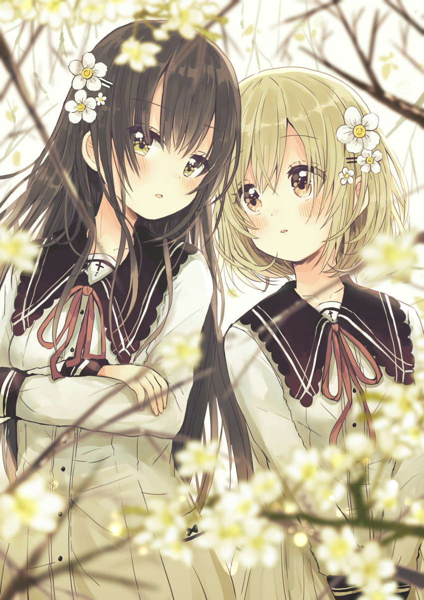 2girls absurdres bangs black_sailor_collar blonde_hair blurry blurry_foreground blush brown_eyes brown_hair collarbone commentary_request crossed_arms depth_of_field dress eye_contact eyebrows_visible_through_hair flower hair_between_eyes hair_flower hair_ornament hairclip highres leaning_to_the_side long_hair long_sleeves looking_at_another multiple_girls neck_ribbon original parted_lips red_ribbon ribbon sailor_collar sailor_dress sakura_oriko school_uniform v_arms white_dress white_flower yuri