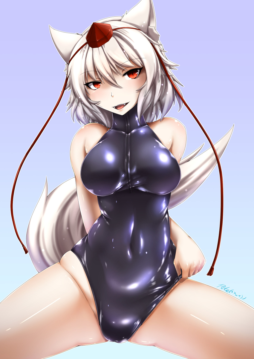 1girl :d absurdres animal_ear_fluff animal_ears bangs bare_arms bare_shoulders blue_background blush breasts commentary_request covered_navel cowboy_shot eyebrows_visible_through_hair fangs front_zipper_swimsuit gradient gradient_background hair_between_eyes hat head_tilt highres inubashiri_momiji inyuppo large_breasts leotard looking_at_viewer meme_attire one-piece_swimsuit open_mouth purple_background red_eyes shiny shiny_clothes shiny_skin short_hair silver_hair sitting skindentation smile solo spread_legs swimsuit tail tassel thighs tokin_hat touhou wolf_ears wolf_tail