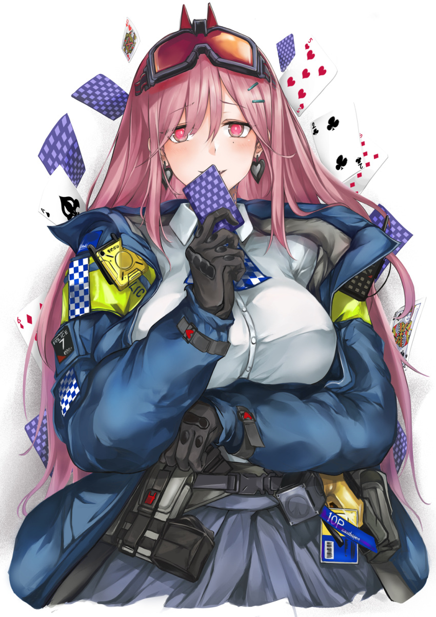 1girl :d arm_under_breasts bangs belt black_gloves blue_jacket blush breasts card checkered_clothes checkered_neckwear collared_shirt commentary covering_mouth cropped_legs earrings eyebrows_visible_through_hair eyewear_on_head fang girls_frontline gloves hair_between_eyes hair_ornament hairclip heart heart_earrings highres holding holding_card jacket jewelry large_breasts long_hair looking_at_viewer marche_mk14 mole mole_under_eye open_clothes open_jacket open_mouth orange_goggles pink_hair playing_card police police_uniform red_eyes safety_glasses shirt sidelocks sig_mcx_(girls'_frontline) simple_background skirt smile snap-fit_buckle solo standing uniform utility_belt walkie-talkie white_background white_shirt