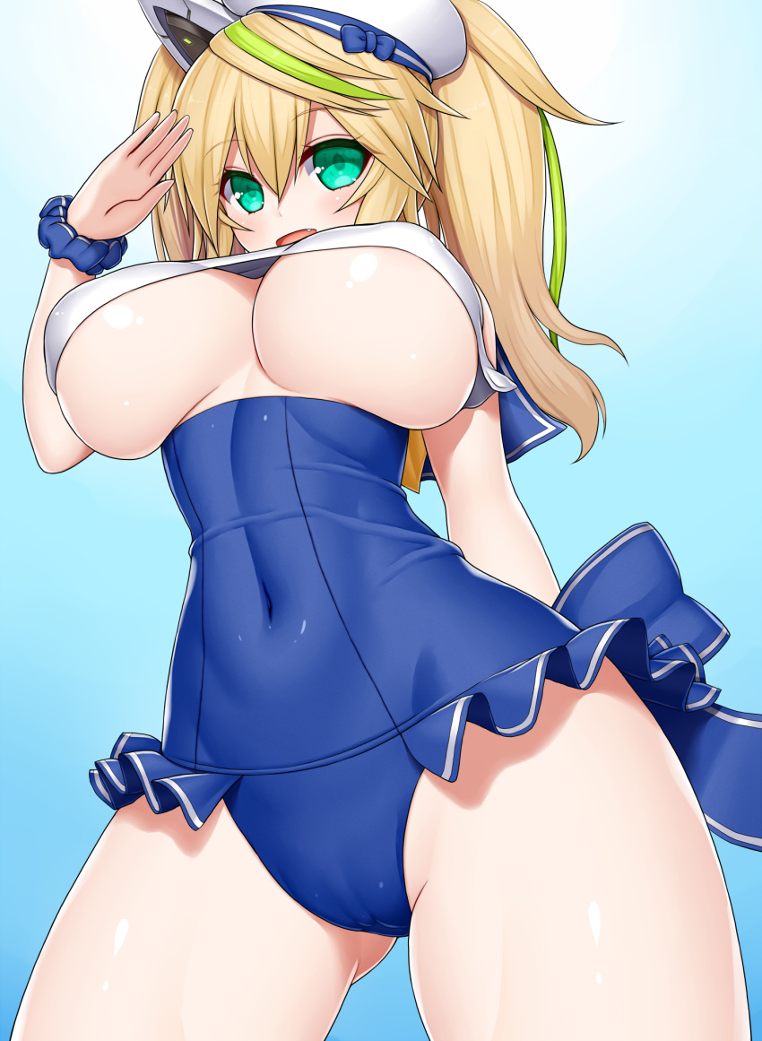 1girl :d aqua_eyes asamura_hiori beret blonde_hair blue_background blue_swimsuit blush breasts covered_navel fang from_below gene_(pso2) gluteal_fold hat highres large_breasts long_hair looking_at_viewer open_mouth phantasy_star phantasy_star_online_2 salute scrunchie simple_background smile solo standing swimsuit thighs twintails under_boob white_hat wrist_scrunchie
