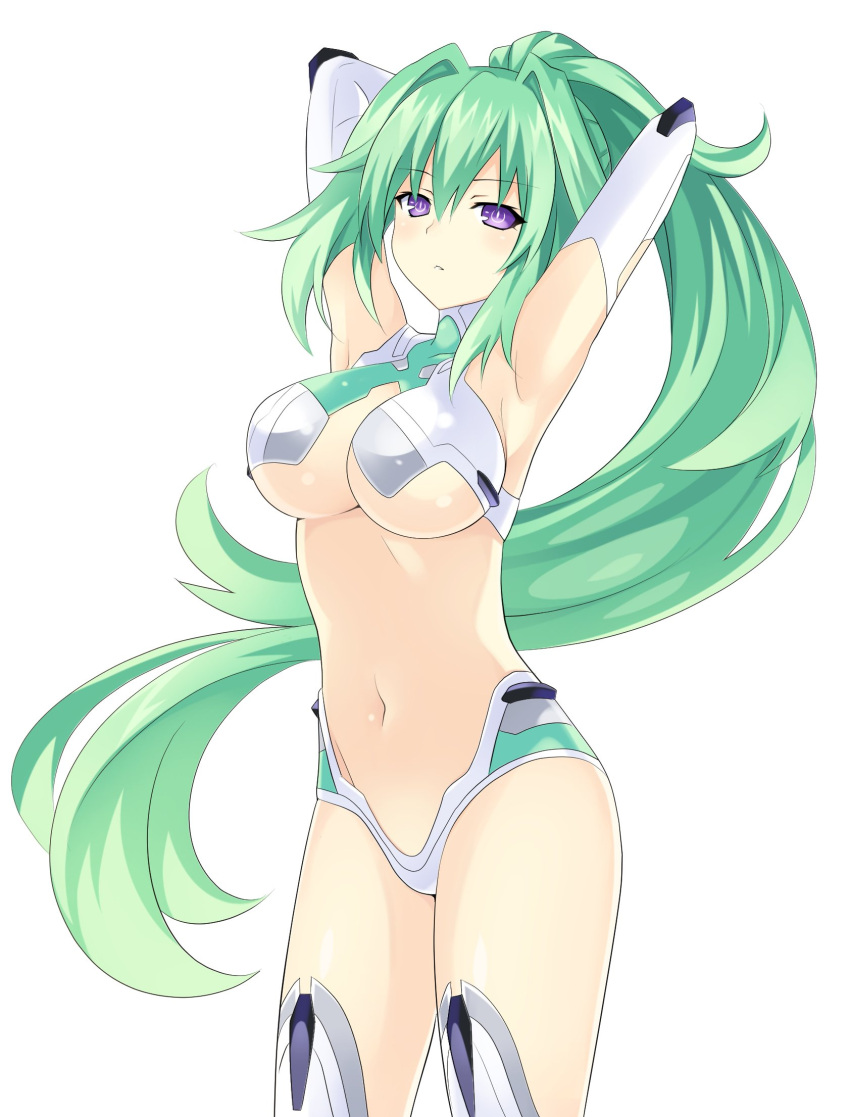 1girl armpits arms_up breasts choujigen_game_neptune cleavage detached_sleeves eyebrows_visible_through_hair floating_hair green_hair green_heart groin hair_between_eyes high_ponytail highres large_breasts long_hair looking_at_viewer navel neptune_(series) parted_lips shiny shiny_hair simple_background solo standing under_boob very_long_hair violet_eyes white_background zero_(ray_0805)