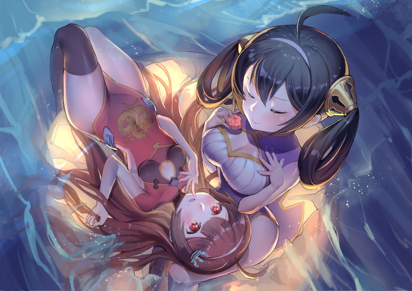 2girls absurdres ahoge azur_lane bangs black_hair black_legwear blush boku_koyuki_mx breasts brown_hair cleavage closed_eyes closed_mouth commentary_request dress eyebrows_visible_through_hair fingernails food hair_between_eyes hair_grab hair_rings hairband hairpods hands_on_own_chest hands_up highres holding holding_food lap_pillow large_breasts long_hair looking_at_another lying mid-autumn_festival multiple_girls ning_hai_(azur_lane) on_back parted_lips pelvic_curtain ping_hai_(azur_lane) purple_dress red_dress red_eyes single_thighhigh sitting sleeveless sleeveless_dress small_breasts smile thigh-highs very_long_hair water white_hairband zhongqiu_jie