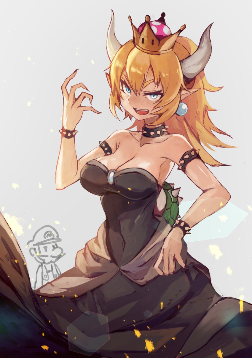 1girl :d black_dress blonde_hair bowsette bracelet breasts chibi chibi_inset cleavage collar crown dress earrings fang fingernails grey_background hand_up highres horns jewelry large_breasts long_dress looking_at_viewer mario super_mario_bros. nintendo open_mouth pointy_ears ponytail sanshouuo sharp_fingernails smile solo solo_focus spiked_bracelet spiked_collar spikes strapless strapless_dress super_crown super_mario_bros.