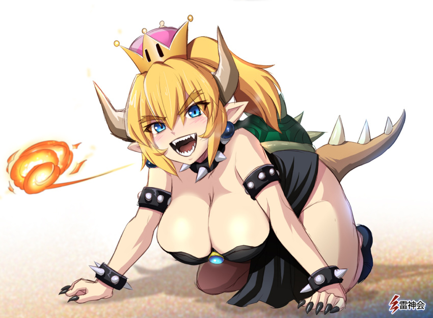 1girl all_fours bent_over blonde_hair blue_eyes bowser bowsette breasts cleavage crown dress fingernails fire harukigenia horns large_breasts super_mario_bros. new_super_mario_bros._u_deluxe nintendo open_mouth pelvic_curtain pointy_ears ponytail sharp_fingernails sharp_teeth shell smile solo super_mario_bros. tail teeth