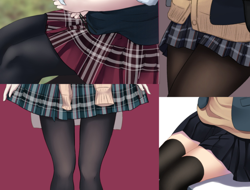 4girls annotated black_legwear blurry blurry_background close-up grey_background head_out_of_frame highres multiple_girls original pantyhose plaid plaid_skirt pleated_skirt saitou_(lynx-shrike) school_uniform simple_background sitting skirt standing thigh-highs uniform zettai_ryouiki