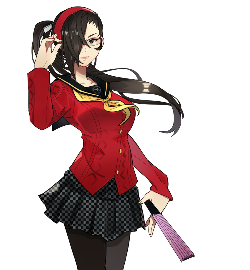 1girl absurdres amagi_yukiko amagi_yukiko_(cosplay) brown_eyes brown_hair closed_mouth commission cosplay ebinku fan fire_emblem fire_emblem_if glasses hair_over_one_eye hairband highres kagerou_(fire_emblem_if) long_hair long_sleeves nintendo pantyhose persona persona_4 ponytail red_hairband school_uniform simple_background skirt solo white_background