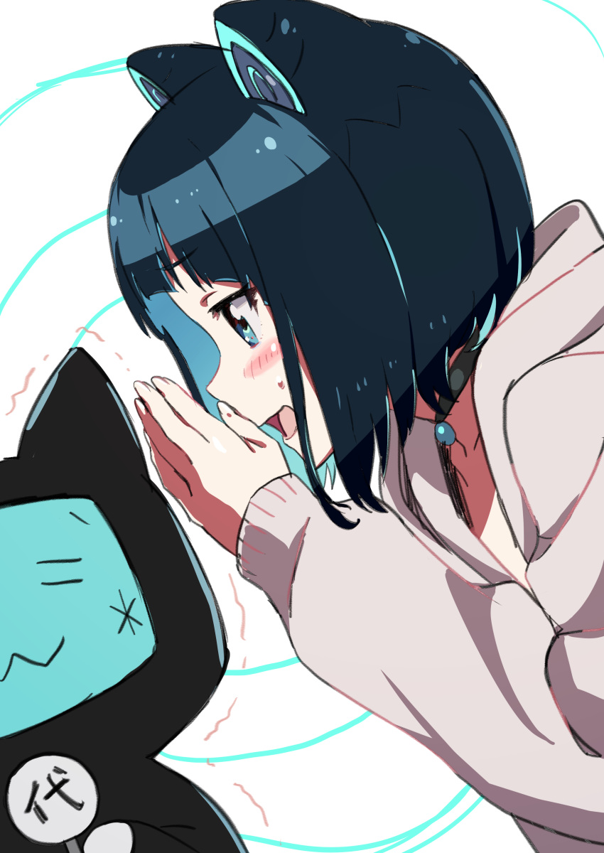 1girl absurdres animal_ears black_choker blue_eyes blue_hair blush cat_ears character_request choker commentary_request copyright_request from_side grey_hoodie highres hood hood_down hoodie long_sleeves profile short_hair solo tama_(tama-s) upper_body virtual_youtuber white_background