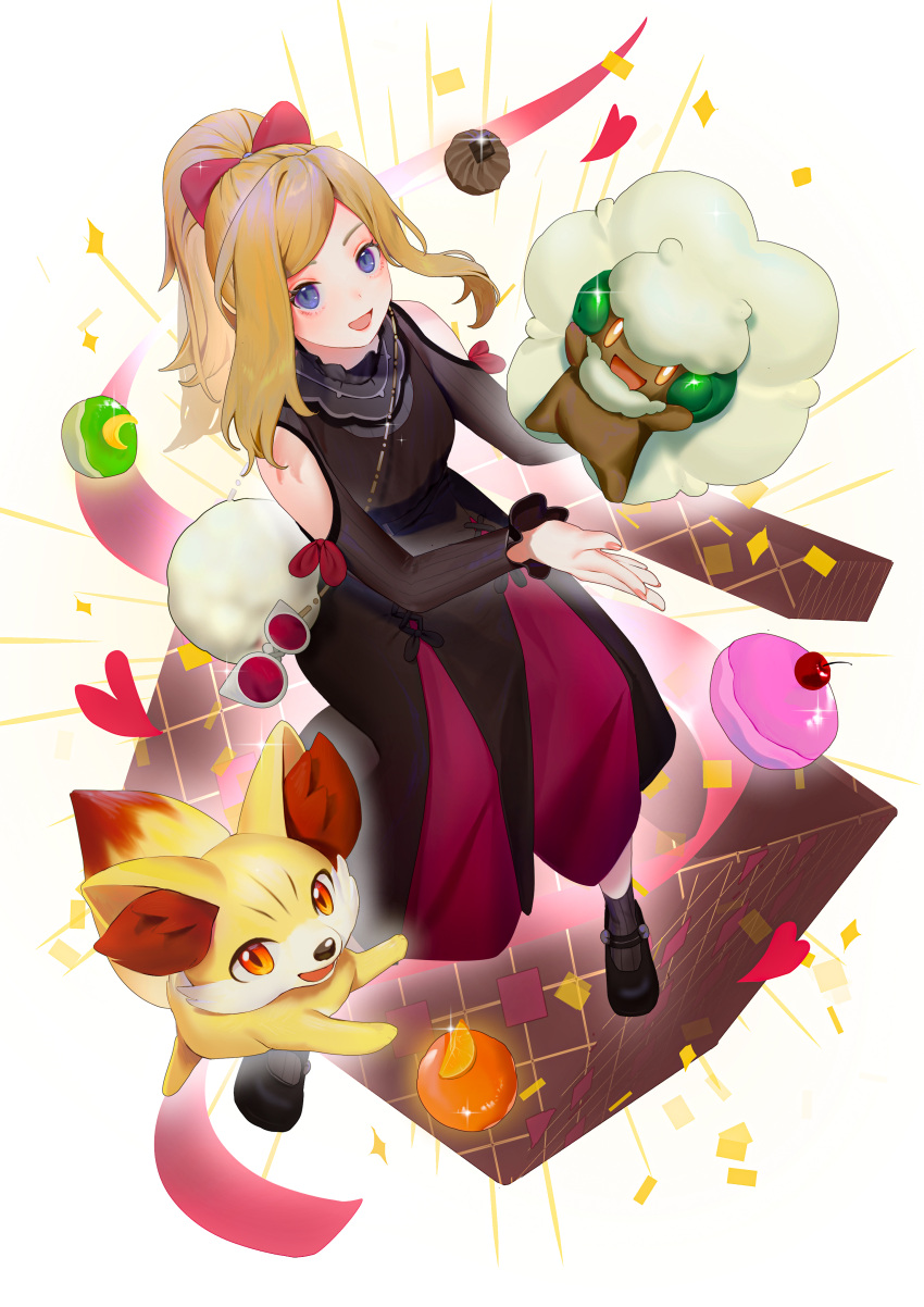 1girl :d absurdres almn_sk blonde_hair blue_eyes cherry clothing_cutout commentary_request dress eyewear_removed fennekin food fruit hair_ribbon happy highres long_hair long_sleeves nail_polish official_alternate_costume open_mouth pink_nails pokemon pokemon_(creature) pokemon_(game) pokemon_masters_ex ponytail red_ribbon ribbon serena_(pokemon) shoes shoulder_cutout sidelocks smile sparkle sunglasses tongue valentine whimsicott