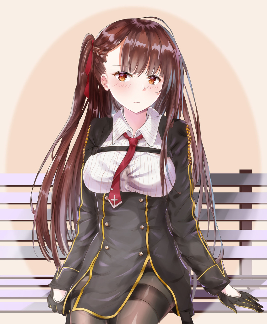 1girl 3: bangs bench black_gloves black_jacket blush braid breasts brown_background brown_eyes brown_hair brown_legwear closed_mouth collared_shirt eyebrows_visible_through_hair framed_breasts girls_frontline gloves gradient gradient_background hair_ribbon highres jacket long_hair long_sleeves looking_at_viewer medium_breasts mutang necktie on_bench one_side_up pantyhose park_bench red_neckwear red_ribbon ribbon shirt sitting sitting_on_bench solo striped striped_shirt thighband_pantyhose vertical-striped_shirt vertical_stripes very_long_hair wa2000_(girls_frontline) white_shirt