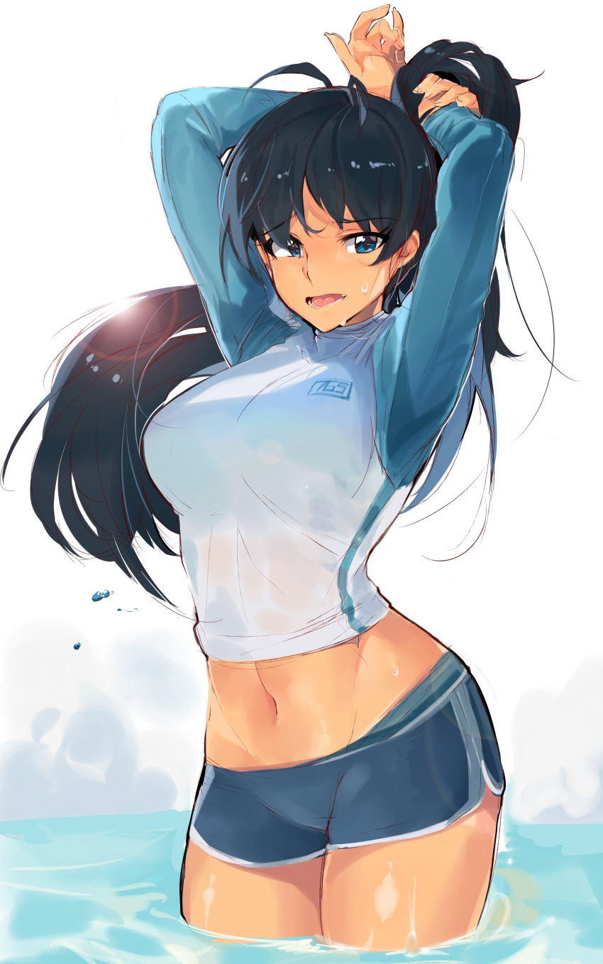 1girl absurdres ahoge black_hair blue_eyes boyshorts breasts commentary_request eyebrows_visible_through_hair ganaha_hibiki hands_up highres idolmaster idolmaster_(classic) large_breasts long_hair long_sleeves looking_at_viewer midriff navel open_mouth ponytail raglan_sleeves shirt solo tuxedo_de_cat wading wet white_background
