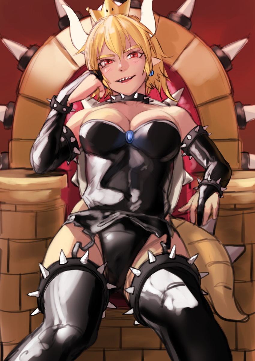1girl black_gloves black_legwear black_leotard blonde_hair bowsette breasts cleavage collar covered_navel earrings elbow_gloves fingerless_gloves garter_straps gloves hair_between_eyes highres horns jewelry kilye_4421 large_breasts leotard new_super_mario_bros._u_deluxe red_eyes sharp_teeth shiny shiny_clothes sitting solo spiked_armlet spiked_collar spiked_thighlet spikes tail teeth thick_eyebrows throne