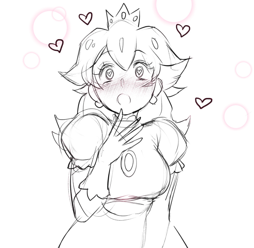 1girl :o blush crown dress earrings eyebrows_visible_through_hair gloves heart heart-shaped_pupils highres jewelry long_hair lovestruck super_mario_bros. matilda_vin monochrome nintendo nose_blush princess_peach puffy_short_sleeves puffy_sleeves short_sleeves sketch solo symbol-shaped_pupils