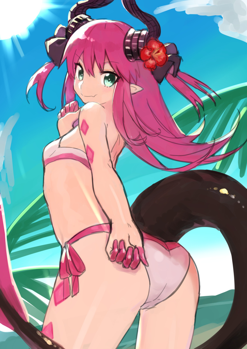 1girl 4410_(kanimiso) absurdres ass bikini commentary_request dragon_girl dragon_horns dragon_tail elizabeth_bathory_(fate) elizabeth_bathory_(fate)_(all) fate/grand_order fate_(series) flat_chest flower from_behind green_eyes hair_flower hair_ornament hand_on_own_ass hand_to_own_face highres horns long_hair looking_back outdoors pink_bikini pink_hair pink_swimsuit pointy_ears side-tie_bikini smile solo swimsuit tail