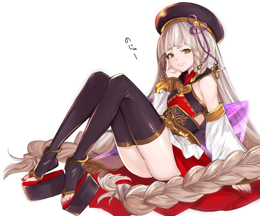 1girl ass bangs black_hat black_legwear blunt_bangs braid commentary_request detached_sleeves granblue_fantasy hat highres long_hair pholia short_eyebrows sitting solo tetsu_(kimuchi) very_long_hair