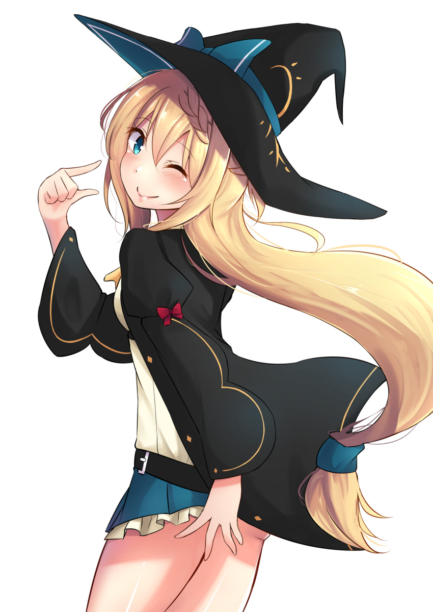 1girl aizawa_azusa bangs blonde_hair blue_eyes eyebrows_visible_through_hair hair_between_eyes hair_ornament hat highres long_hair long_sleeves mistynight one_eye_closed puffy_sleeves smile solo witch witch_hat