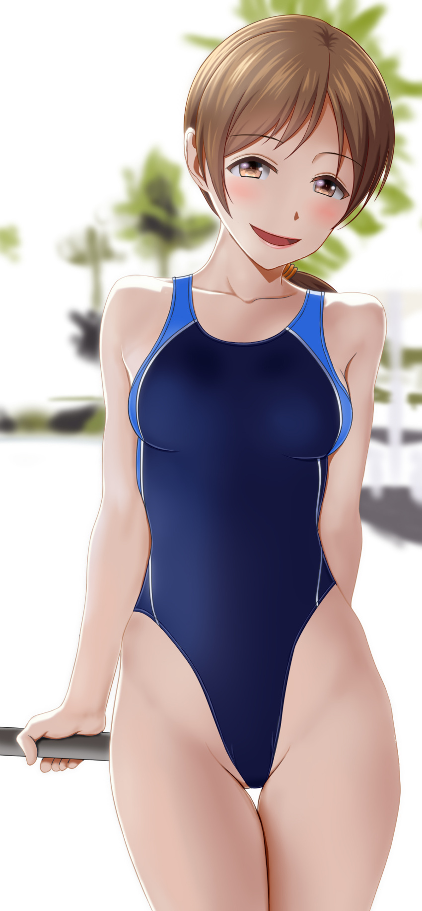 1girl absurdres blue_swimsuit blurry breasts commentary_request competition_swimsuit depth_of_field head_tilt highleg highleg_swimsuit highres idolmaster idolmaster_cinderella_girls lips looking_at_viewer nitta_minami one-piece_swimsuit open_mouth small_breasts smile solo swimsuit taka_(takahirokun) thigh_gap