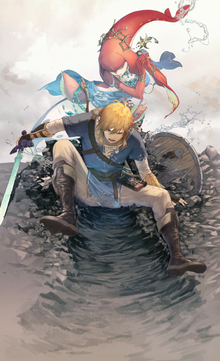 1boy 1girl absurdres fins fish_girl hair_ornament highres jewelry link long_hair mieyuckman mipha monster_girl multicolored multicolored_skin nintendo no_eyebrows pointy_ears red_skin redhead shield sword the_legend_of_zelda the_legend_of_zelda:_breath_of_the_wild tunic weapon yellow_eyes