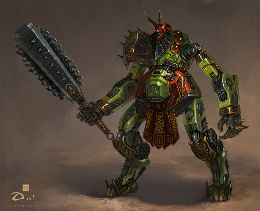 absurdres club commentary demon emerson_tung english_commentary fangs highres horns huge_filesize japanese_clothes kanabou mecha monster oni original realistic robot science_fiction solo spiked_club spikes weapon