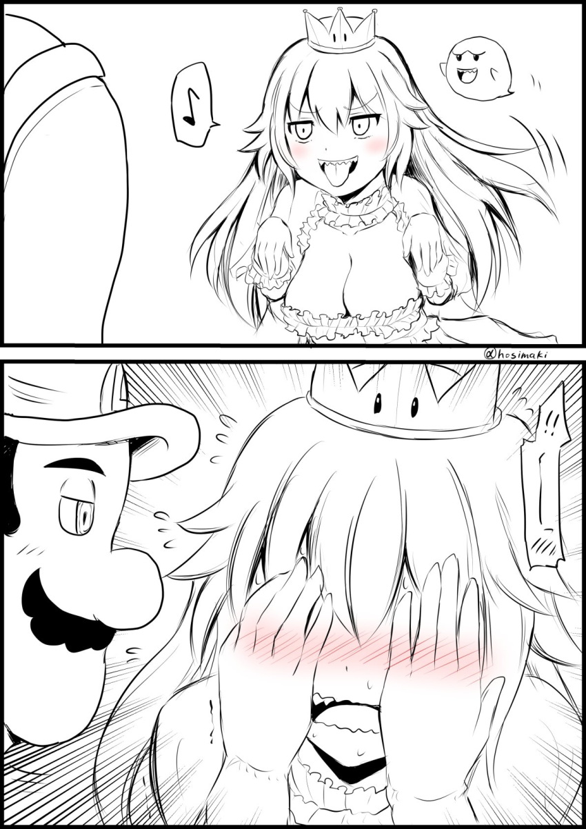 ! 1boy 1girl blush boo breasts cleavage cleavage_cutout comic commentary_request covering_face crown dress earrings embarrassed eyebrows_visible_through_hair facial_hair flying_sweatdrops frills ghost hair_between_eyes hands hat highres jewelry lace_trim large_breasts long_hair luigi mini_crown monochrome mustache new_super_mario_bros._u_deluxe princess_king_boo sharp_teeth shy spoken_blush spoken_exclamation_mark surprised sweatdrop teeth tongue tongue_out twitter_username wavy_mouth yano_toshinori