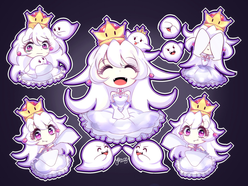1girl :&gt; :p boo chibi closed_eyes covering_face crown detached_sleeves dress ghost gradient gradient_background hair_between_eyes highres long_hair luigi's_mansion super_mario_bros. multiple_persona new_super_mario_bros._u_deluxe nintendo princess_king_boo smile super_crown tearing_up tongue tongue_out v_arms violet_eyes white_dress white_hair yitsune_melody