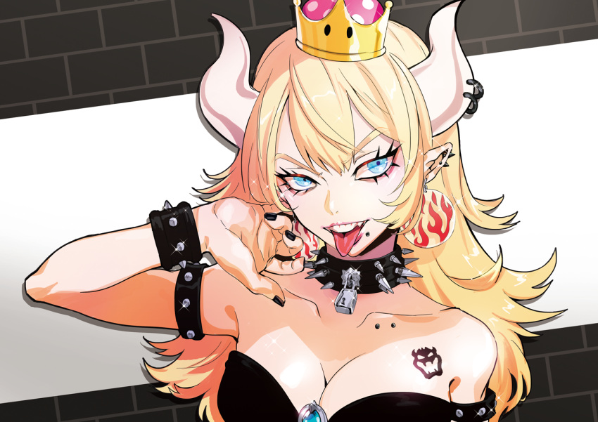 1girl black_dress black_nails blonde_hair blue_eyes bowsette bracelet breasts cleavage collar collarbone crown dress earrings eyelashes fangs fingernails gem hand_up horn_ornament horn_ring horns jewelry long_hair looking_at_viewer super_mario_bros. nail_polish new_super_mario_bros._u_deluxe nintendo piercing pointy_ears puppeteer7777 spiked_bracelet spiked_collar spikes strapless strapless_dress super_crown tattoo tongue tongue_out upper_body