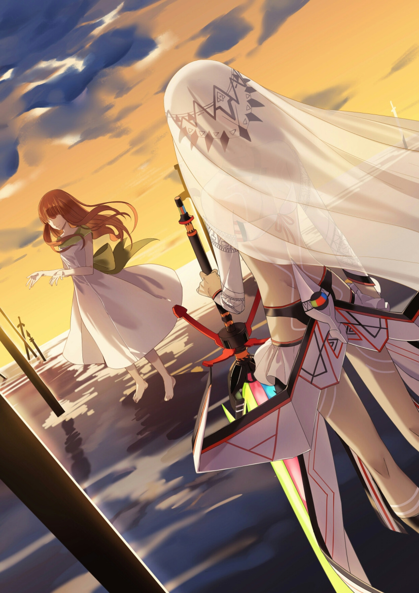 2girls altera_(fate) back barefoot brown_hair clouds cloudy_sky commentary dress faceless faceless_female fate/extella fate/extra fate_(series) from_behind full_body_tattoo headdress highres holding holding_sword holding_weapon kishinami_hakuno_(female) legs long_dress long_hair multicolored multicolored_sky multiple_girls outdoors photon_ray skirt sky sword tattoo veil weapon white_dress white_skirt xinweikun