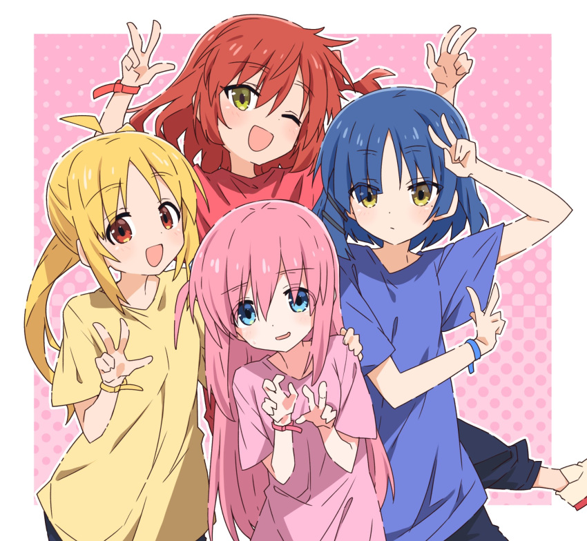 4girls ahoge band blonde_hair blue_eyes blue_hair bocchi_the_rock! casual closed_mouth double_v gotou_hitori hair_ornament hairclip hand_on_another's_shoulder highres ijichi_nijika jumping kita_ikuyo long_hair looking_at_viewer multiple_girls nervous_smile no_socks one_eye_closed open_mouth pink_hair red_eyes redhead shirt side_ponytail simple_background smile sweatdrop t-shirt take_shinobu v wristband yamada_ryou yellow_eyes